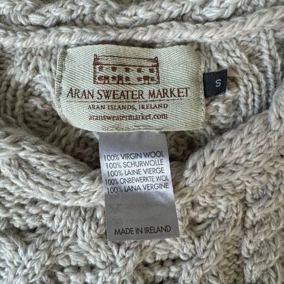 Aran Sweater Market Womens Light Gray Irish Fisherman Chunky 100% Wool Sweater S - Picture 2 of 7